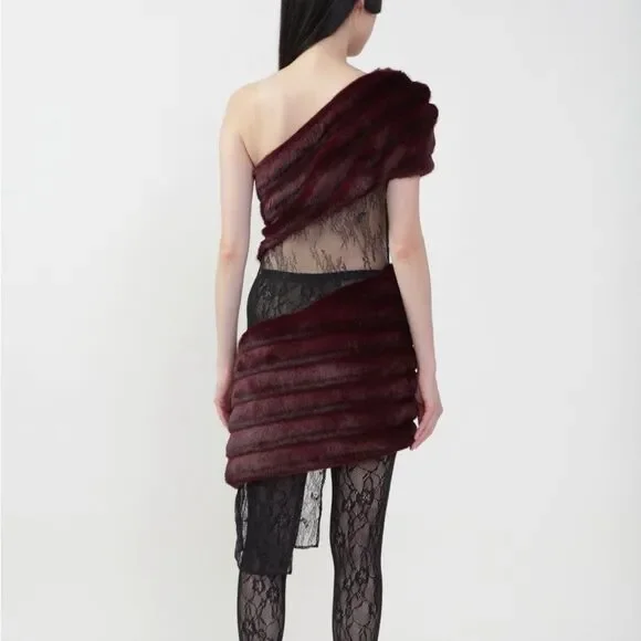 Kim Shui Aubergine Faux Fur Dress Deep Burgundy One-Shoulder mini Revolve M - Picture 4 of 13